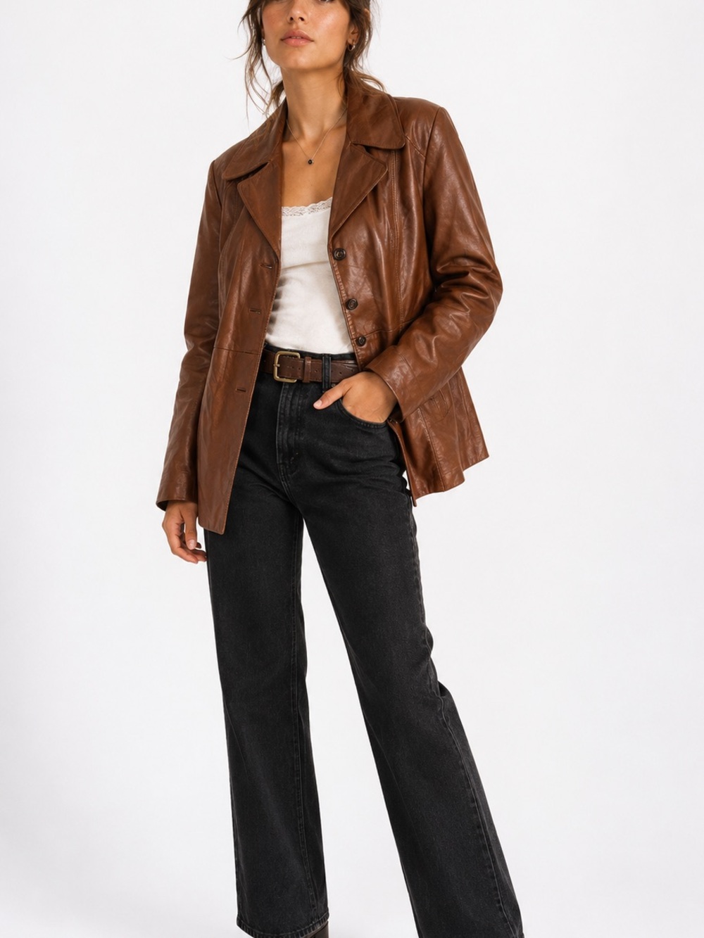 Echtes Leder 70s Leather Jacket Womens 46 Brown Single Breasted Lined Overcoat